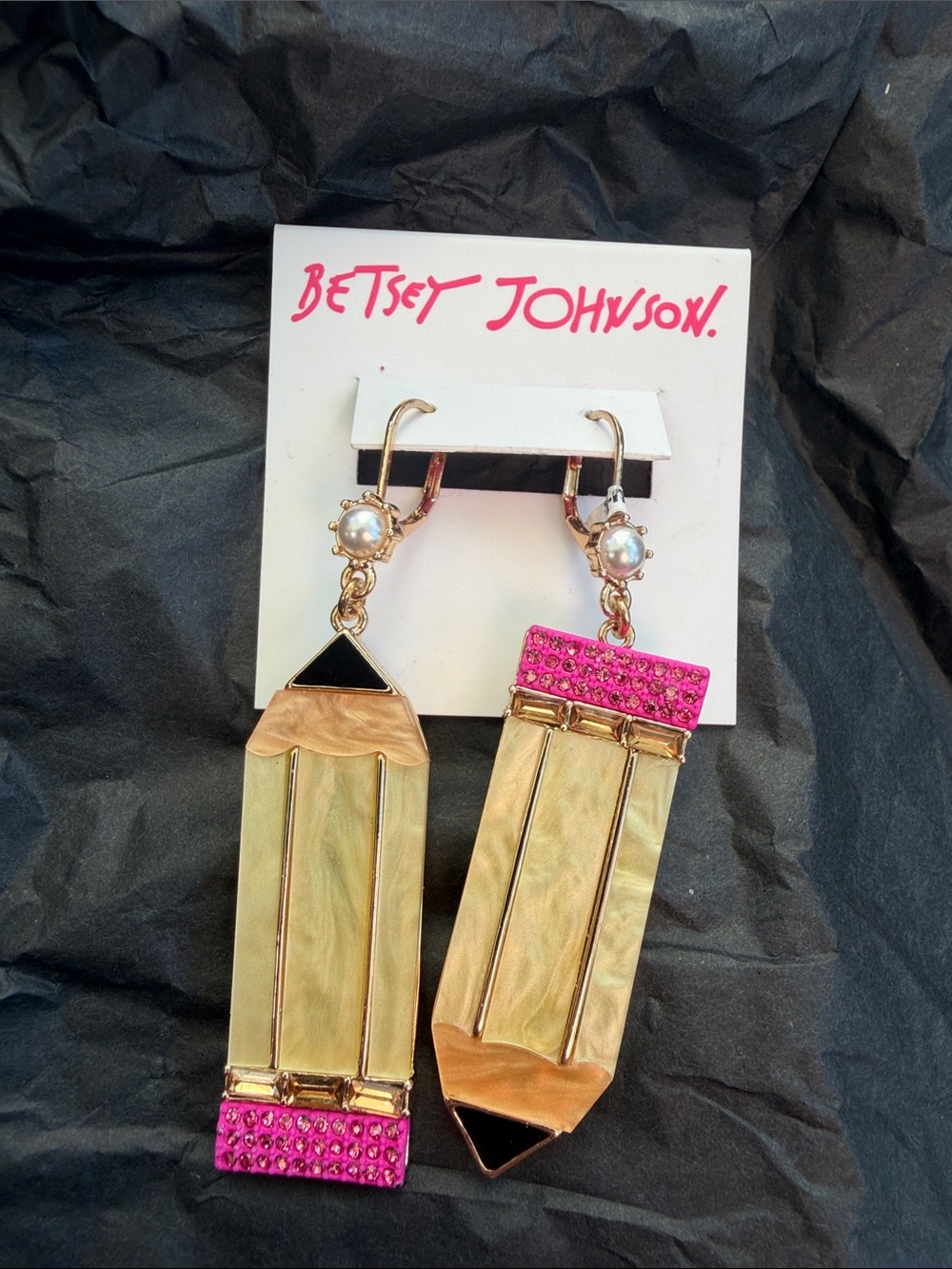 Betsey Johnson Gold-Tone Drop Earrings with Hot Pink Crystal Accents